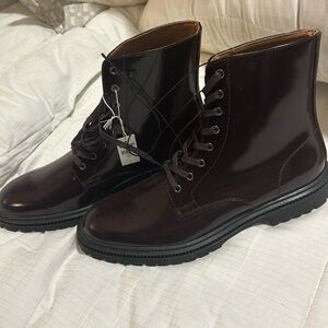 New Express Leather Combat Boots Burgundy